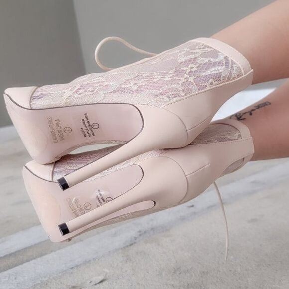 Women Ankle Open Toe High Heel Booties Lace Up Nude Color - Picture 5 of 6